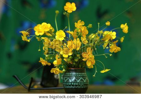 Wild Yellow Flowers, Meadow Buttercup, In Small Vase. Bouquet Of Fresh Wild Flowers, Ranunculus Acri