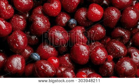 Berries Closeup Colorful Assorted Mix Of Fresh Cherry, Sweet Currant And Blueberry