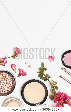 Different Makeup Cosmetic. Ball Blush Rouge Face Powder Lipstick Concealer Bottle Of Perfume Eyeshad