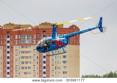 Balashikha, Moscow Region, Russia - May 25, 2019: Helicopter Races By Helicopter Robinson R44 Raven 