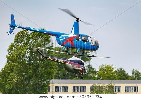 Balashikha, Moscow Region, Russia - May 25, 2019: Helicopter Races By Helicopter Robinson R44 Raven 