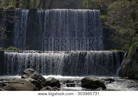 View Closeup Of Part At Waterfall Cascade Of River Bistritsa Between Village  Bistritsa And Village 
