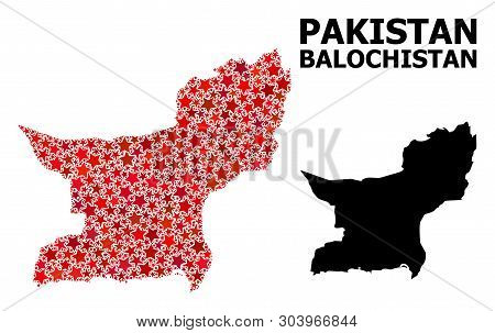 Red Star Pattern And Solid Map Of Balochistan Province. Vector Geographic Map Of Balochistan Provinc