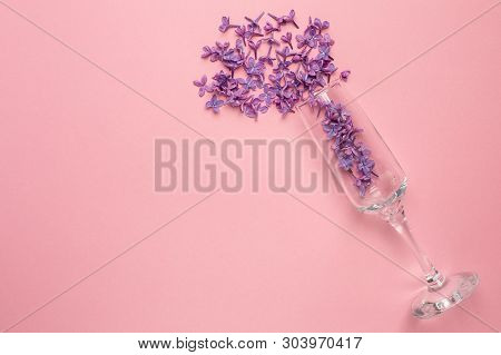 Champagne Glasses With Lilac Flowers On Pink Color Paper Background Minimal Style.summer Holiday.