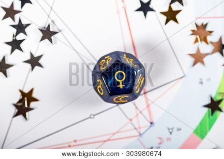 Astrology Dice With Symbol Of The Planet Venus On Natal Chart Background