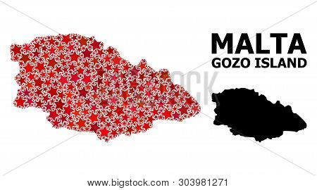 Red Star Mosaic And Solid Map Of Gozo Island. Vector Geographic Map Of Gozo Island In Red Color Vari