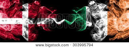 Denmark, Republic Of Ireland Competition Thick Colorful Smoky Flags. European Football Qualification