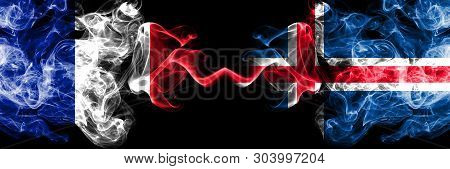 France, French, Iceland, Icelandic Competition Thick Colorful Smoky Flags. European Football Qualifi