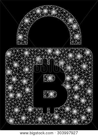 Bright Mesh Bitcoin Lock With Glare Effect. Abstract Illuminated Model Of Bitcoin Lock Icon. Shiny W