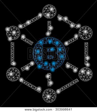 Bright Mesh Bitcoin Finance Netwok With Glare Effect. Abstract Illuminated Model Of Bitcoin Finance 