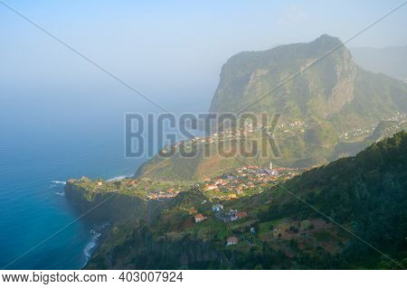 Landscape With Maderia Village, Mountains And Ocean. Madeira Island, Portugal