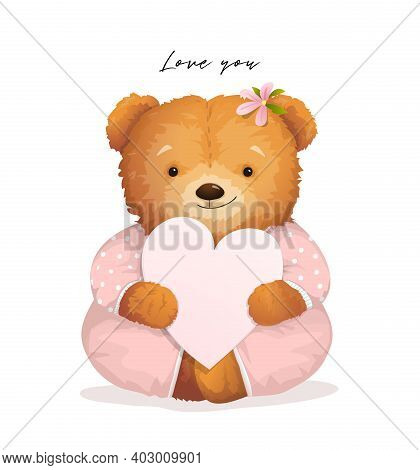 Cute Teddy Bear Girl For Chilren Holding A Heart Gift Card, Valentines Graphic Design With Soft Baby