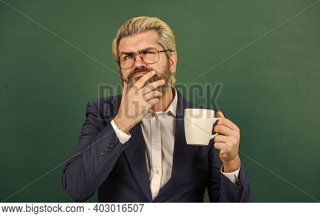 Coffee For Thought. Bearded Man Lost In Thought Green Chalkboard. Senior Teacher Think Over Cup Of T
