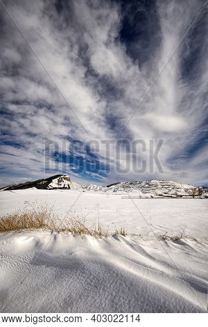 Snowy Landscape On A Sunny Day And Spectacular Clouds After The Filomena Snowstorm In Guadalajara Sp