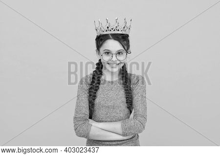 Royal Education. Cute Adorable Girl In Glasses. Princess Concept. Happy Smiling Princess. Excellent 