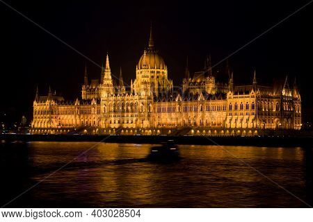 The Picturesque Parliament In Budapest, Hungary At Night. Hungary, Europe.