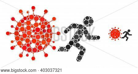 Man Run Away Covid Collage Of Round Dots In Various Sizes And Color Hues. Vector Round Dots Are Orga