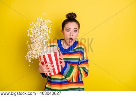 Photo Of Young Woman Watch Horror Movie Terrified Horrified Scared Isolated Over Yellow Color Backgr