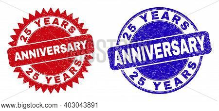 Round And Rosette 25 Years Anniversary Stamps. Flat Vector Textured Seal Stamps With 25 Years Annive