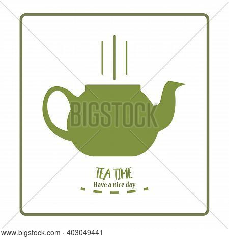 Tea Time Concept, Green Tea Leaves, Smiley Face On Teapot. Green Tea In Porcelain Teapot, Natural Or