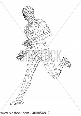 Wireframe Running Man. Vector 3d Rendering. Man In Running Pose