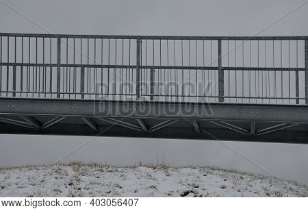 Gray Snow-covered Staircase Observation Deck Construction With High Resistance To Deformation Even U