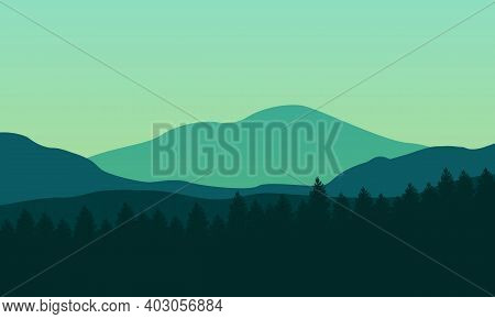 Beautiful Mountain Scenery With Fog And Forest At Sunrises. Vector Illustration