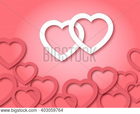 Saint Valentine Day Horizontal Postcard. Cute Romantic Paper Cut Hearts On Pink Background. Cozy Cra