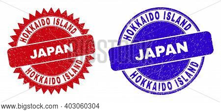 Round And Rosette Hokkaido Island Japan Seal Stamps. Flat Vector Distress Seal Stamps With Hokkaido 