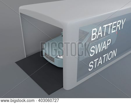 3d Illustration Of An Electric Car In A Battery Swap Station.