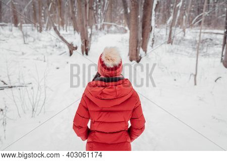 Winter woman walking in snow covered woods park. forest trail outdoors. View from behind of woman in red coat and beanie hat.