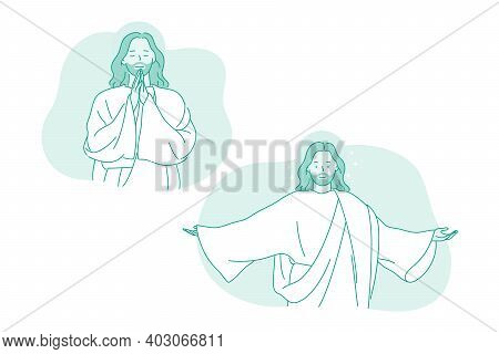 Religion, Christianity, Jesus Christ Concept. Character Of Smiling God Jesus Christ With Stretched A