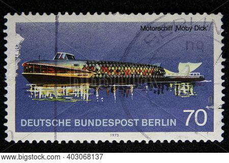 Istanbul, Turkey - December 25, 2020: German Stamp Shows Ms Moby Dick Circa 1975