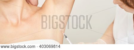 Underarm Injection At Spa Salon. Doctor Hands. Female Patient. Beauty Treatment. Healthy Skin Proced