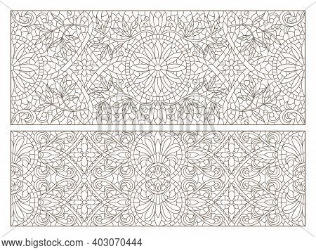 Set Contour Illustrations Of Stained Glass With Abstract Swirls And Flowers , Horizontal Orientation