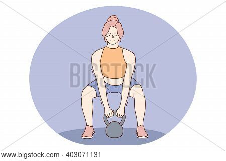 Workout, Professional Sport, Training Concept. Young Woman Athlete Bodybuilder Lifting Weight And Do