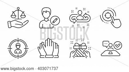 Edit Person, Headhunting And Seo Target Line Icons Set. Gift, Job Interview And Justice Scales Signs