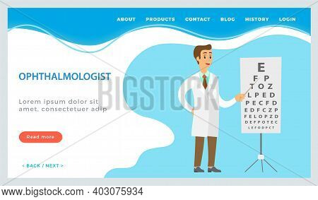Ophthalmic Assistance, Consultation With Doctor Landing Page Template With Male Ophthalmologist. Opt