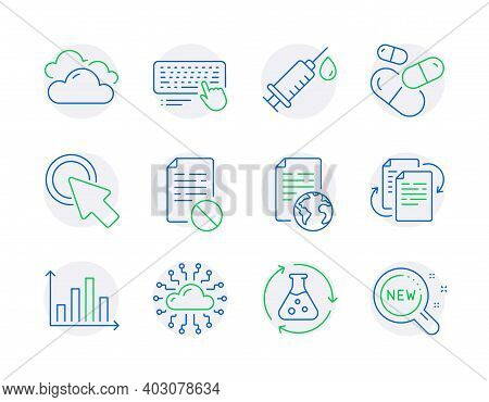 Science Icons Set. Included Icon As Wrong File, Computer Keyboard, Medical Syringe Signs. Diagram Gr