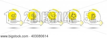 Prescription Drugs, Organic Tested And Graduation Cap Line Icons Set. Timeline Process Infograph. Ca