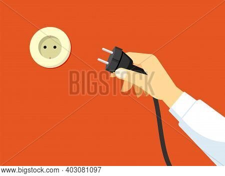 Hand Brings Plug Socket Illustration. Switching Household Appliances And Electrical Communications S