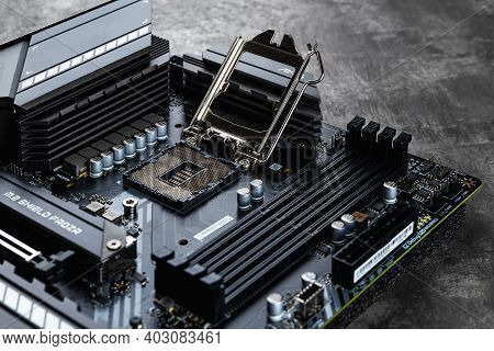 Varna, Bulgaria, January 08, 2021. Msi Mag Z490 Tomahawk Gaming Motherboard With Open Cpu Socket Lev