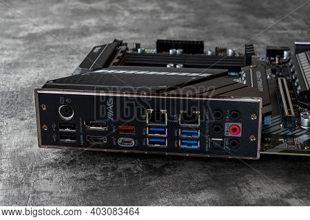 Varna, Bulgaria, January 11, 2021. Back Panel Ports Of Msi Mag Z490 Tomahawk Gaming Motherboard On A