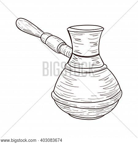 Coffee Turk, Cezva, Brown Contour Drawing Isolated On White Background, Stock Vector Illustration Fo