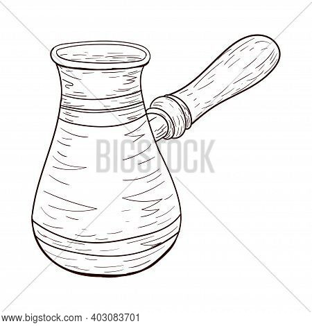 Coffee Turk, Cezva, Brown Contour Drawing Isolated On White Background, Stock Vector Illustration Fo