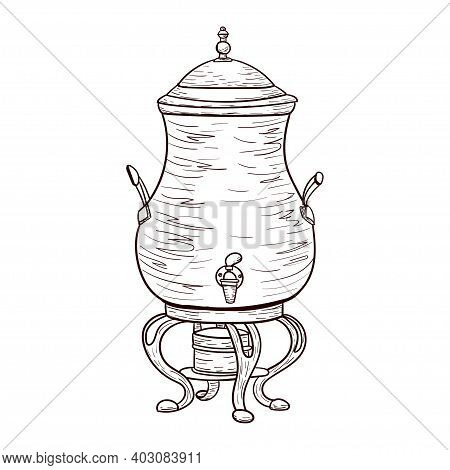 Vintage Coffee Maker For Brewing Coffee With Small Pea, Contour Drawing Isolated On White Background