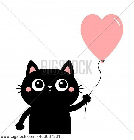 Black Cat Kitten Kitty Holding Pink Heart Air Balloon. Cute Cartoon Kawaii Funny Animal Baby Charact