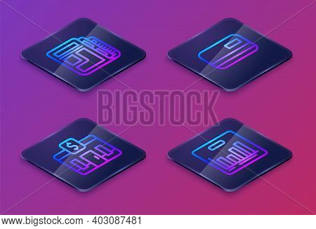 Set Isometric Line Stock Market News, Bank Building, Credit Card And Pie Chart Infographic. Blue Squ