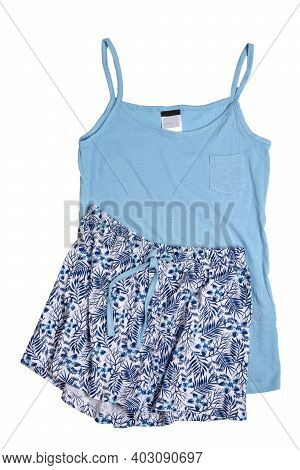 Night Gown Isolated. Close-up Of Blue Female Cotton Sexy Nightwear Summer Set Of Shorts And A Top Wi