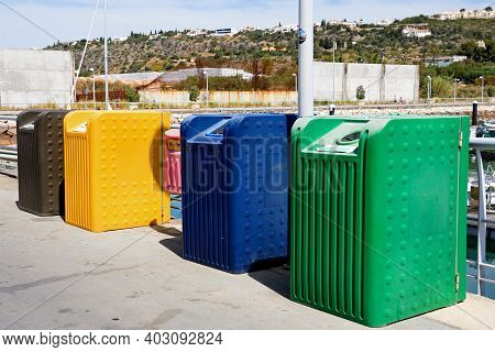 Albufeira, Portugal - June 8, 2017 - Recycling Bins In The Marina, Albufeira, Algarve, Portugal, Eur